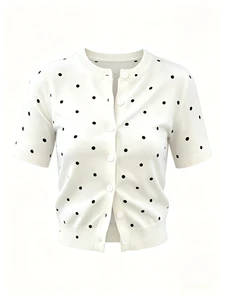 OEM ODM Custom Summer Vintage Casual Regular Sleeve Polka Dot Embroidered Hand Knitted 100% Polyester Sweater Top Women