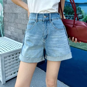 Plus Size Women's High Waisted Light Wash Denim Shorts Breathable Anti-Wrinkle Elastic Fabric Non-Fading Rolled Hem Casual