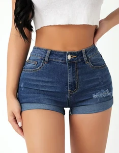 2025 High Quality Women's Denim Shorts with Belt Distressed Design Skinny Fit 100% Cotton-Factory Cheap Price