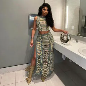 Women's Denim Suit Cross-border Trend Personalized Handmade Worn-out Vest High Slit Denim Skirt Set