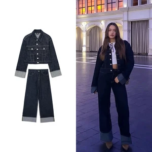 Wholesale 2025 Chic Summer Trousers Sets Label Long Sleeves Button Women Jacket Wide Leg Jeans Lady 2 PC Casual Women Pants Suit