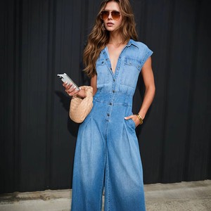 New Arrival Summer Lady Girls Romper Overall Women's Casual Lightweight Washed Denim Jumpsuit