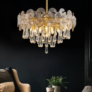 PM Lotus Leaf Glass Luxury Rain Drop K9 Crystal Pendant Lamp Modern Villa Living Dining Room Simple Retro Classic Chandelier
