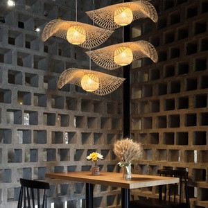 Floating Double Lotus Leaves Hand-woven Bamboo Ceiling Fixture Pendant Lighting Ceiling Hang Light