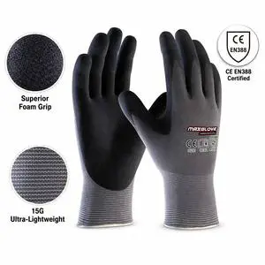 MaxiPact 15 Gauge Breathable Foam Nitrile Coated Safety Work Gloves Anti-Slip for Industrial Construction Protective Gear