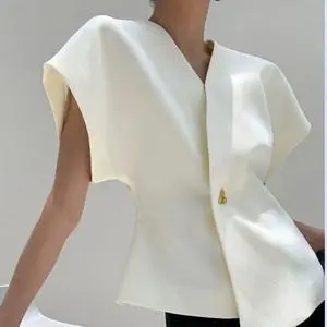 Custom Women's V Neck Casual Fashion Tops Blouse White Single Button Short Sleeve Breathable Woven Solid for Spring Autumn