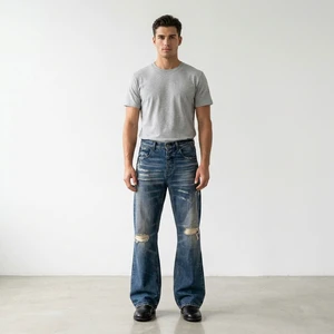 Vintage Straight Loose Fit Washed Blue Cat Whisker Patch Denim Pants With Hole And Trumpet Shape For Men