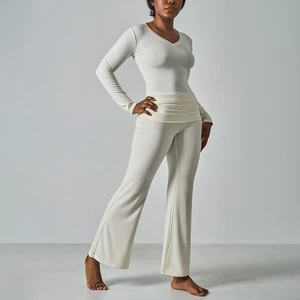 SK1370&SK1365-1 Women's Solid Breathable Modal Yoga Sets with Lace V-neck Long Sleeve Top and Double-layer Ruched Waist Pants