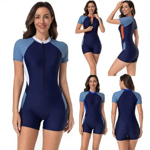 2026 Women's One-Piece Swimsuit Short Sleeve Sun Protection Polyester Spandex Color Blocking Knee Sporty Surfing Diving Suit