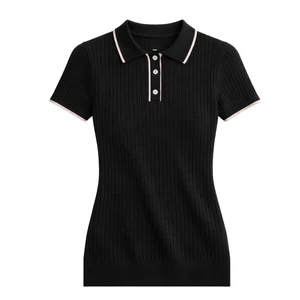 Women’s Ribbed Knit Henley Top Short Sleeve Button Polo Collar Slim Fit Casual Elegant Summer Sweater Blouse
