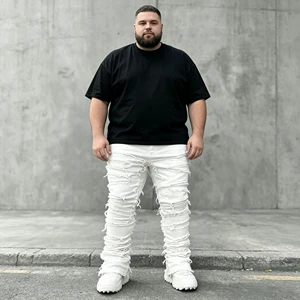 Wholesale Big and Tall Men's White Distressed Jeans Plus Size Baggy Fit Trousers for Men American Style Large Size Jeans