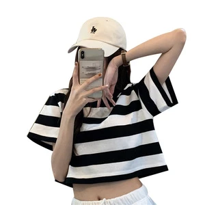 Women Slim Sexy T Shirts Skinny Body Fitted Chest Custom Letter Printed Cropped Women Striated T Shirt
