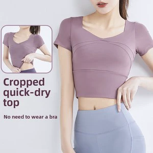 New Style Yoga Wear Sports Top Womens Cropped Spliced Running Tight Padded Cups Nude-Look Fitness Short-Sleeve Sweat-Wicking