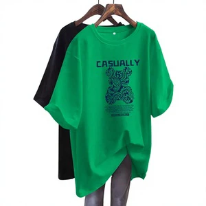 Women's Green Solid 100% Cotton Vintage Loose Fit Long Sleeve Mid-Length T-shirt Summer Fashionable Retro Large Size