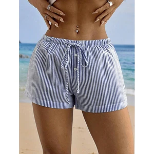 Fashion Basic Striped Shorts Elastic Lace up Casual Shorts Summer Loose Home Pants