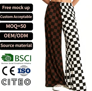 Women Asymmetric Checkerboard Wide Leg Pants High Waist Drawstring Trousers Vintage Split Color Casual Streetwear Female Bottoms