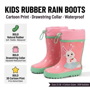 Kids Rubber Cartoon Rain Boots Soft Odor-Free Removable Fleece Lined Anti Slip Reflective Toddler Waterproof Wellies