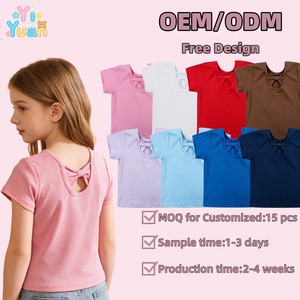 Custom High Quality Girls Short Sleeve Tops Ribbed Knit O-Neck Solid Slim Fit Casual Washed Cotton Bow T-Shirts