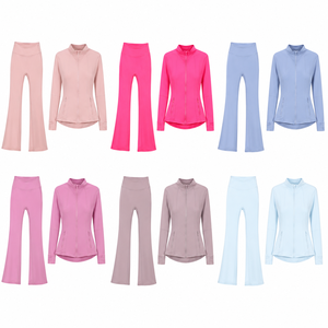 Custom Brand Logo Yoga Set Gym Clothing Women Slim Fit Full Zip Track Jacket and High Waist Flared Leggings Sportswear Suits