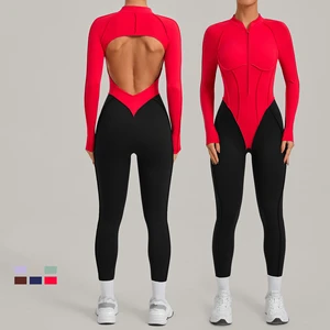 One Piece Spandex Women's Long Sleeve Yoga Sports Jumpsuits Gym Workout Jumpsuit With Zip