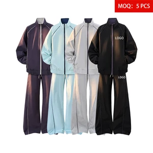 Wholesale Custom Logo Men's Spring Woven Two Piece Set Zip Stand Collar Jacket Wide Leg Sports Casual Set Loose Version