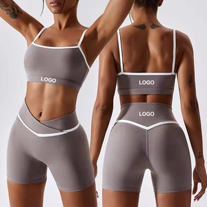 Custom Women V Cross Waist Scrunch Butt Yoga Shorts Set Contrast 2 Piece Workout Activewear Gym Spaghetti Strap Bra Custom Logo