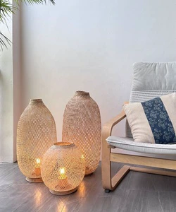 Bamboo Floor Lamp Handmade Wooden Standing Light Shade Pendant Natural Rattan Base Boho Rustic Plug in Flexible Home Decoration