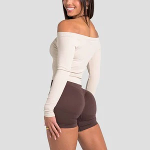 Custom Logo Women Solid Slim Fit Active Wear Breathable Cropped Length Long Sleeves With Thumbholes Off Shoulder Ribbed Yoga Top