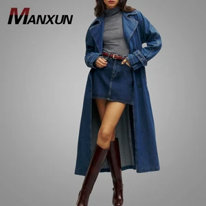 New Arrival Women's Jackets Belt Buttons Front Details Long Sleeves Side Pockets Trench Coat Ladies Longline Denim Jacket