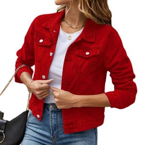 RNSHANGER Fall Women's Denim Jackets Fashion Female Casual Long Sleeve Lapel Solid Button Down Chest Pocket Slim Jean Jacket