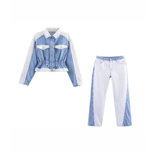 Customizable Women's Fashion Retro Lapel Casual Female Coat Jeans Long-sleeved Two-piece Set Splicing Denim Jackets