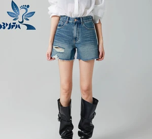 Women's High Waist Distressed Denim Shorts, Summer Casual Ripped Hole Frayed Hem Sexy Jean Shorts, Custom Color Fashion Apparel