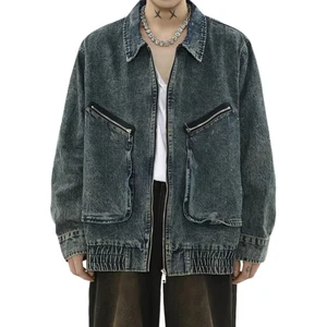 Custom Men's Vintage Crop Denim Moto Jacket Long Sleeve 100% Cotton Fall Winter Wear Casual Print Boxy Wash Boxy Crop Denim Moto