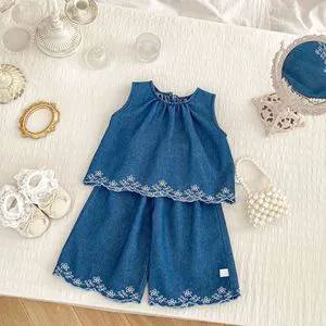 2026 New Summer Embroidered Denim Blend Outfit For Baby Girls Clothing Set Stylish Sleeveless Vest Top Wide-Leg Pants Set