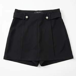 Women's High-Waisted Black Breathable Plain Dyed Knitted 100% Polyester Skort Wrap-Front Tailored Shorts Metal Buttons Office