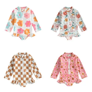 Fashion Children Kid Girl Swimsuits Checkerboard/Floral Print Long Sleeve Zipper Ruffles Bodysuits Bikinis Bathing Swimming Suit