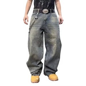 Factory Custom American Black Loose Fit Straight-leg Vintage Light Wash Denim Jeans Plus Size Men's Summer Autumn