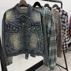 OEM Women's Denim Jacket Custom Green Wash Sun Faded Crystal Embellished Jackets Vintage Oversized Jacket For Men