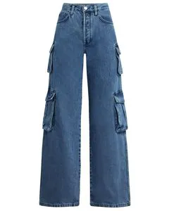 Mens Blue Denim Cargo Jeans Wide Leg Multi Pocket Utility Style Vintage Wash Cotton Casual Streetwear Pants For Men Jeans Styles