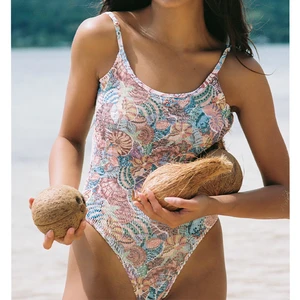 OEM Custom Bikini Print Colorful Pattern One Piece Swimsuit Thin Straps Soft Wlastic Fabric Plus Size Swimwear