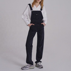 Hemp Cotton Straight Leg Black Denim Dungarees Rompers Loose Jean Overalls for Women