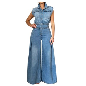 New Arrivals Cargo Pocket Sleeveless Denim Jumpsuits Mid Weight Stretch Denim Playsuits Loose Pants Casual Overalls