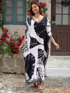 Summer Boho Rayon Beach Cover-Up Dress Oversized Geometric Print Kaftan Tunic Plus Size Flowy Natural Waist Anti-Static Resort