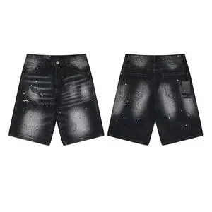 High Street Breathable Light Wash Men's Vintage Denim Shorts Custom High Quality Ripped Patchwork Jeans Whisker Jorts