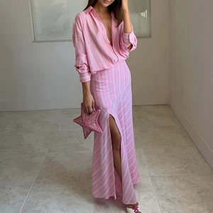 Women Striped Two Piece Skirt Set Button Down Shirt Long Sleeve Collar Top High Waist Split Skirt Office Commute Workwear