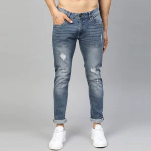Wholesale Men Long Pants Zipper Pockets Fashion Ragged Blue Biker Jeans Trousers Man Black Ripped Destroy Wash Jeans