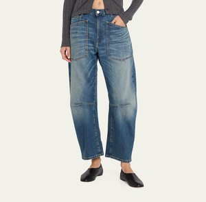 Custom Denim Pants High Rise Baggy Barrel Silhouette Jeans Vintage Wash Blue Loose Jeans Horseshoe Jeans For Women