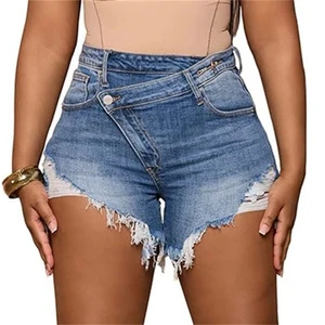 Designer Mid Waisted Crossover Denim Jean Women's Shorts Casual Ripped Summer Raw Hem Denim Hot Shorts
