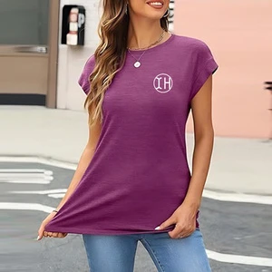 Supplier Women Summer Blouses Casual Solid Color Round Neck Cap Sleeve Shirts Fashion Loose Fit Going Out Cozy Tops