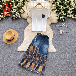 Two Piece Ladies Set T Shirt Trendy Distressed Fringe Denim Skirt Two Piece Set Slimming Women S Casual Outfit Suit